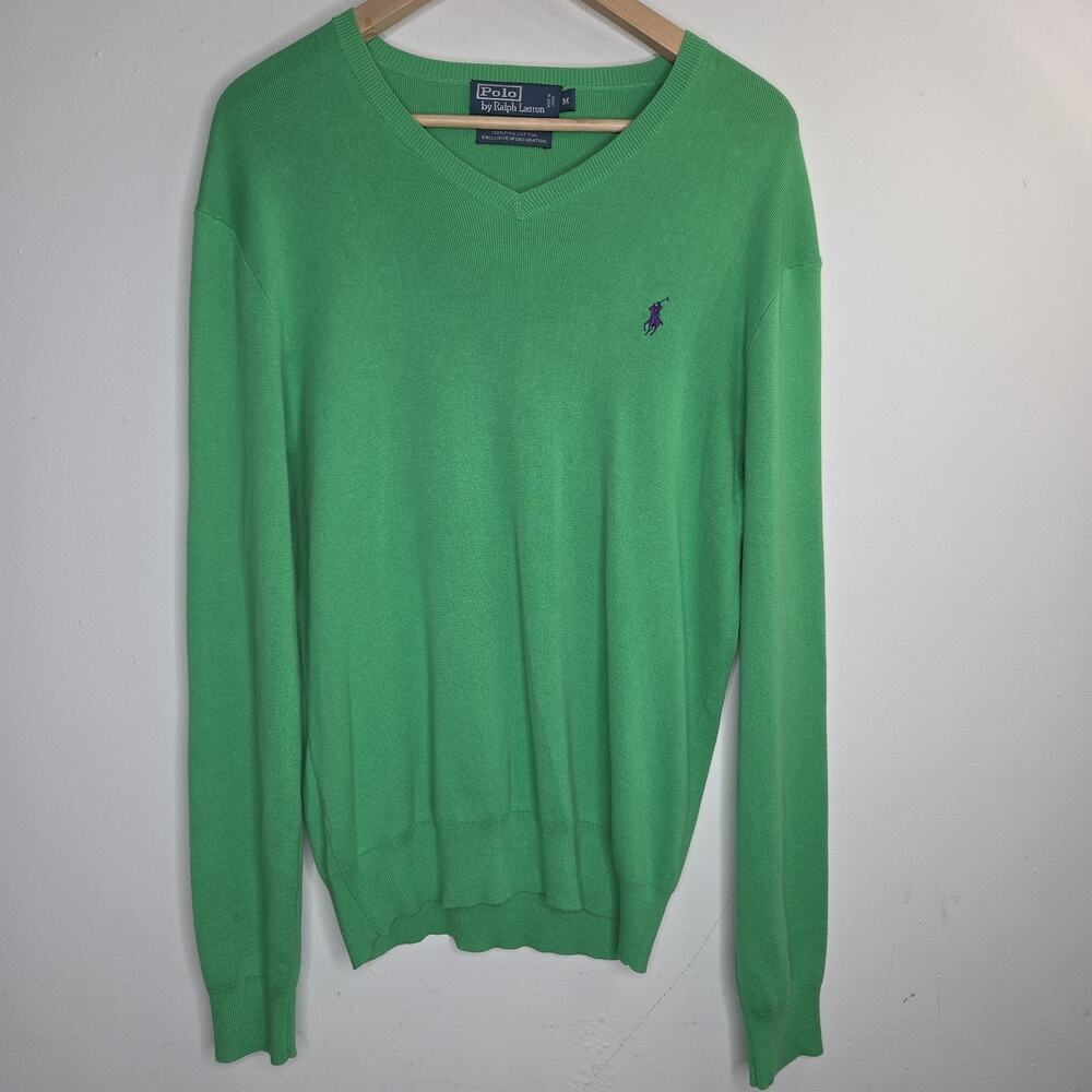 Polo Ralph Lauren Green V-Neck Sweater M 100% Pima Cotton Purple Pony Logo Soft